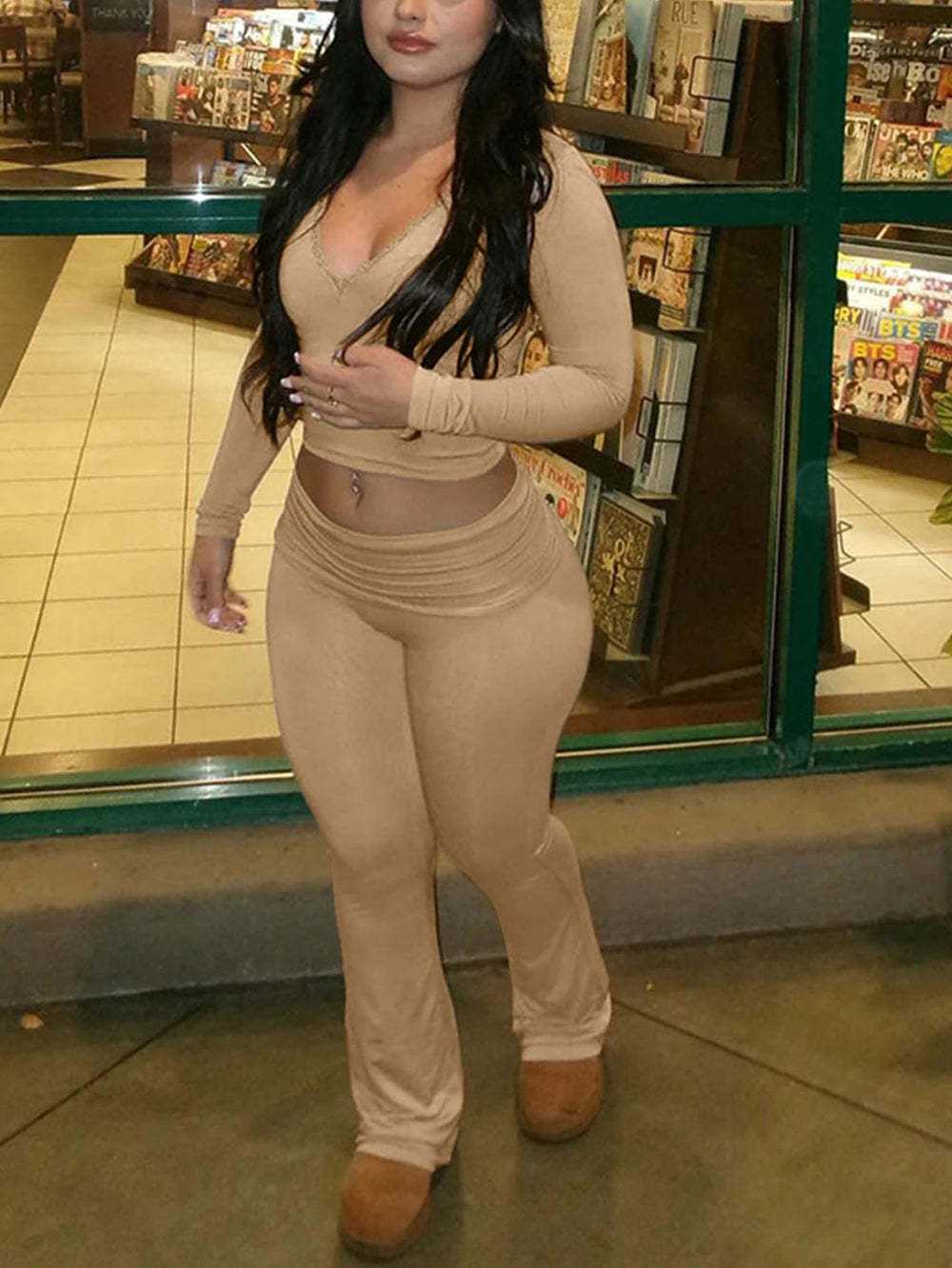 Two Piece Lounge Set | Casual Long Sleeve Crop Top Flare Yoga Pants