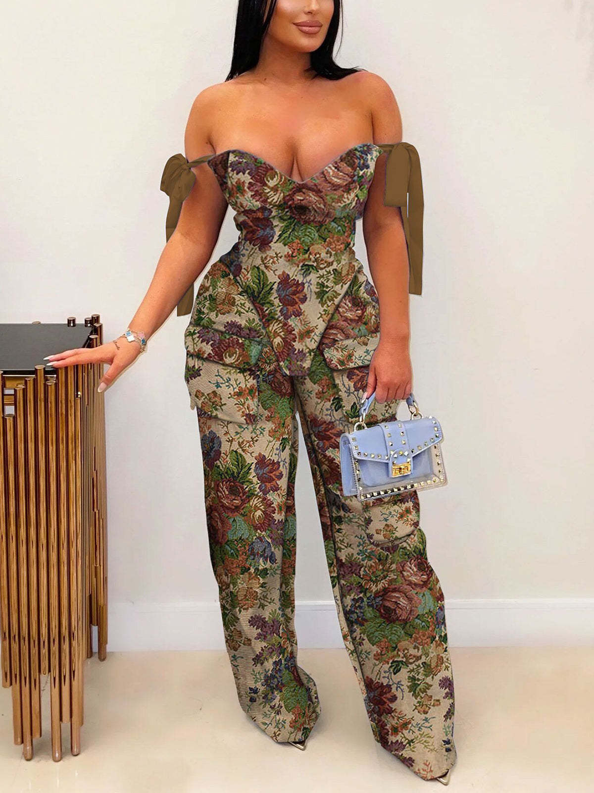 Two Pieces Print Lace-Up Cargo Pants Set