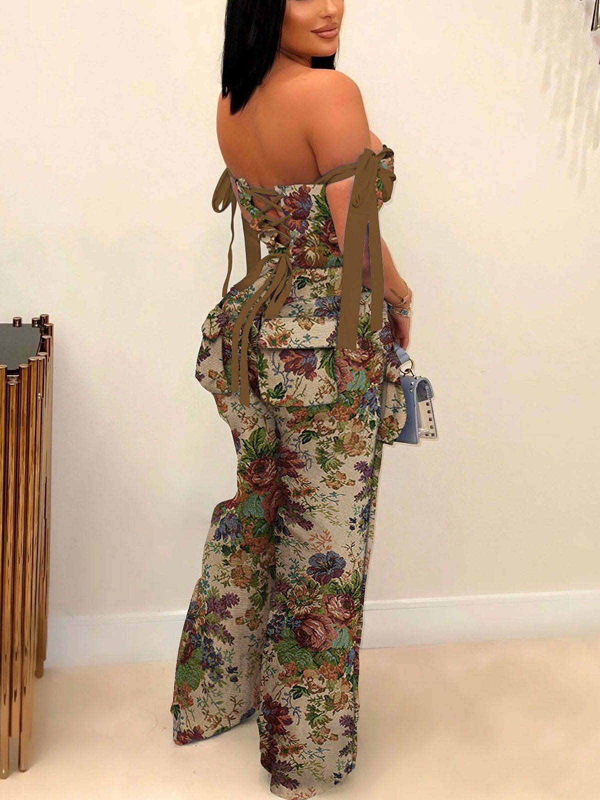 Two Pieces Print Lace-Up Cargo Pants Set