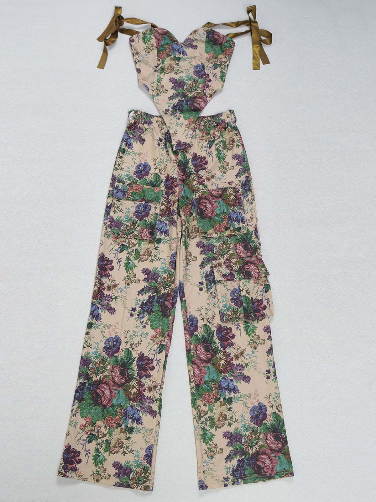 Two Pieces Print Lace-Up Cargo Pants Set