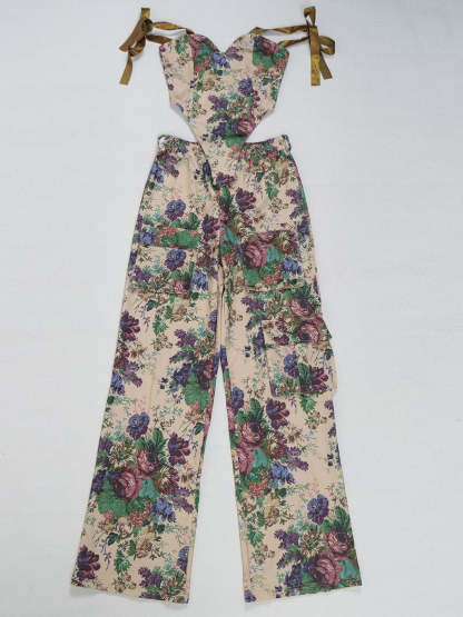 Two Pieces Print Lace-Up Cargo Pants Set