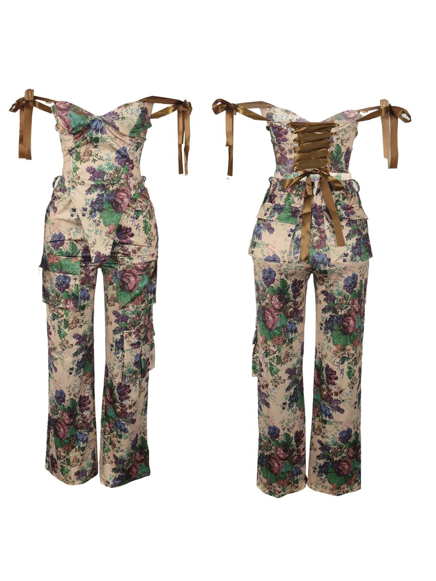 Two Pieces Print Lace-Up Cargo Pants Set