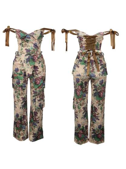 Two Pieces Print Lace-Up Cargo Pants Set