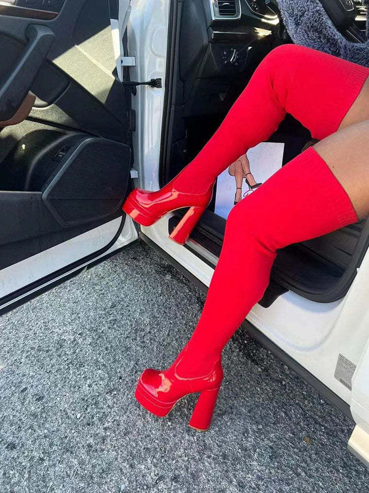 Round Toe High Heel Stretch Knit Boots