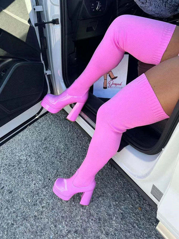 Step into Style with Round Toe High Heel Knit Over-the-Knee Boots