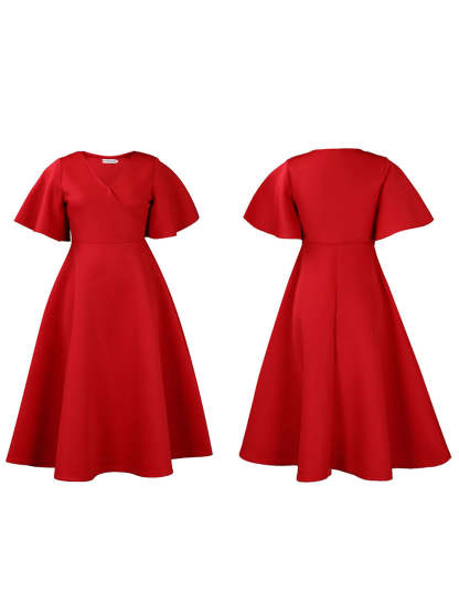 Solid Color Bell Sleeve V-Neck Flared Dress