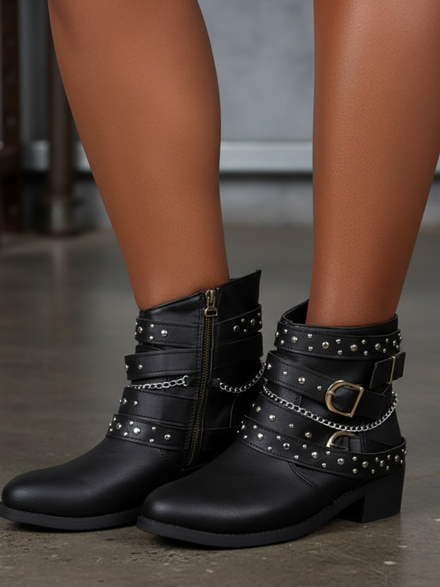 Belt Buckle Thick Heel PU Bootsies