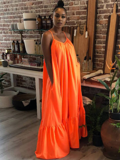 Plus Size Spaghetti Strap Ruffle Beach Maxi Swing Dress