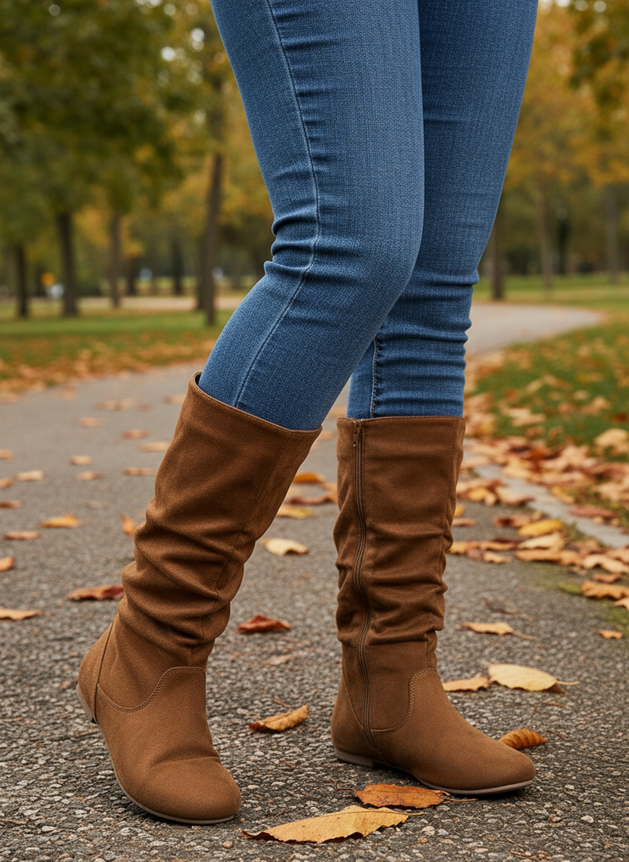 Mid-Calf Side Zipper Ruched Flat Boots