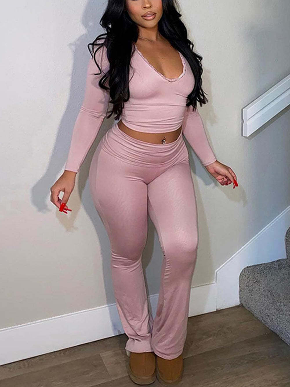 Two Piece Long Sleeve Crop Top Flare Pants Sets