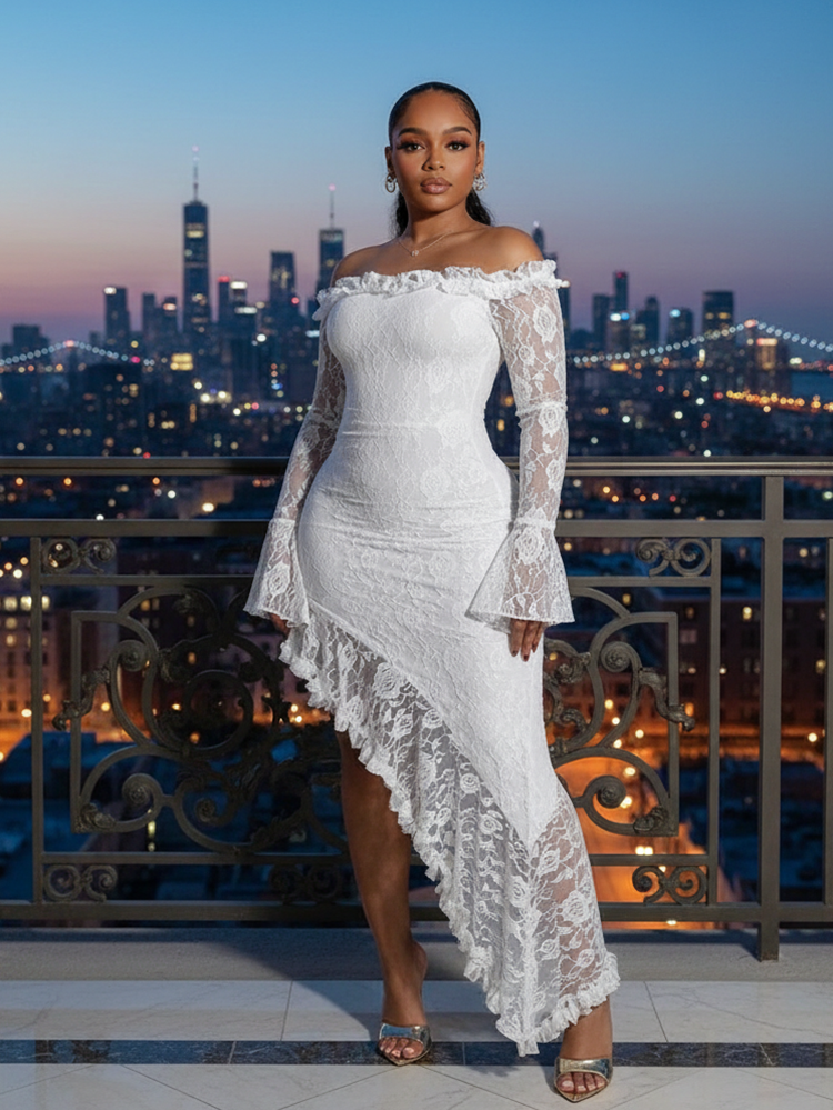Off Shoulder Lace Asymmetric Ruffle Dress