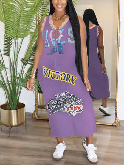 Lace Sleeveless Printed Dress