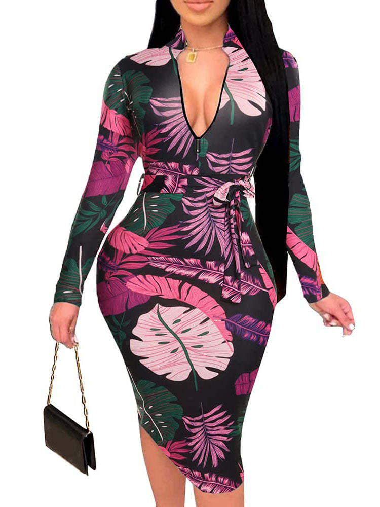 Floral Print Long Sleeve Belted Midi Dress