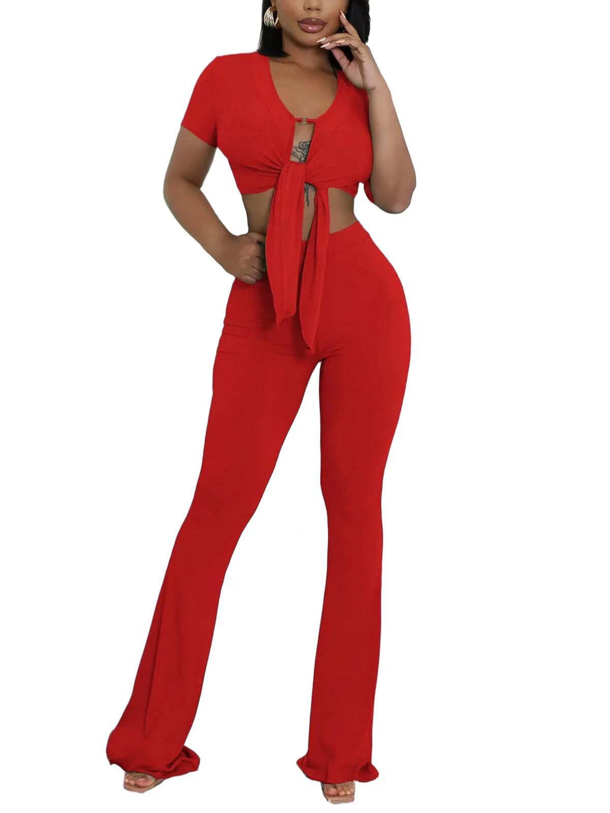 Two Piece Belted Crop Tops Wide Leg Pants Sets