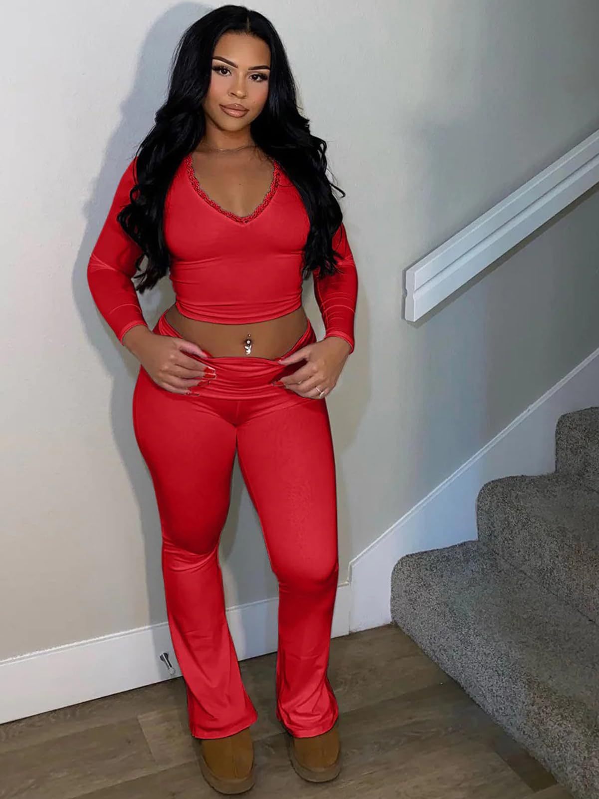 Two Piece Long Sleeve Crop Top Flare Pants Sets