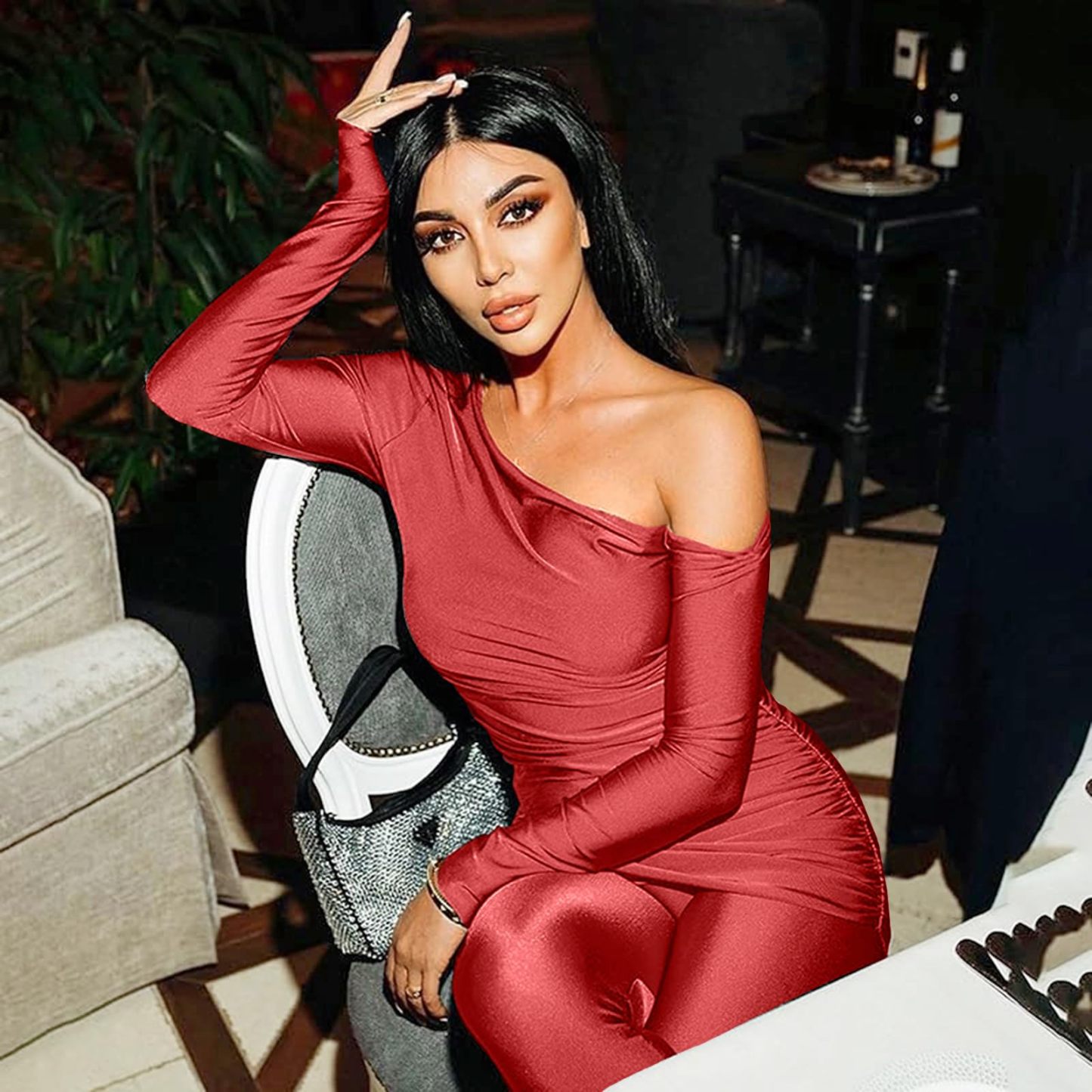 Two Piece One Shoulder Top Flared Pants