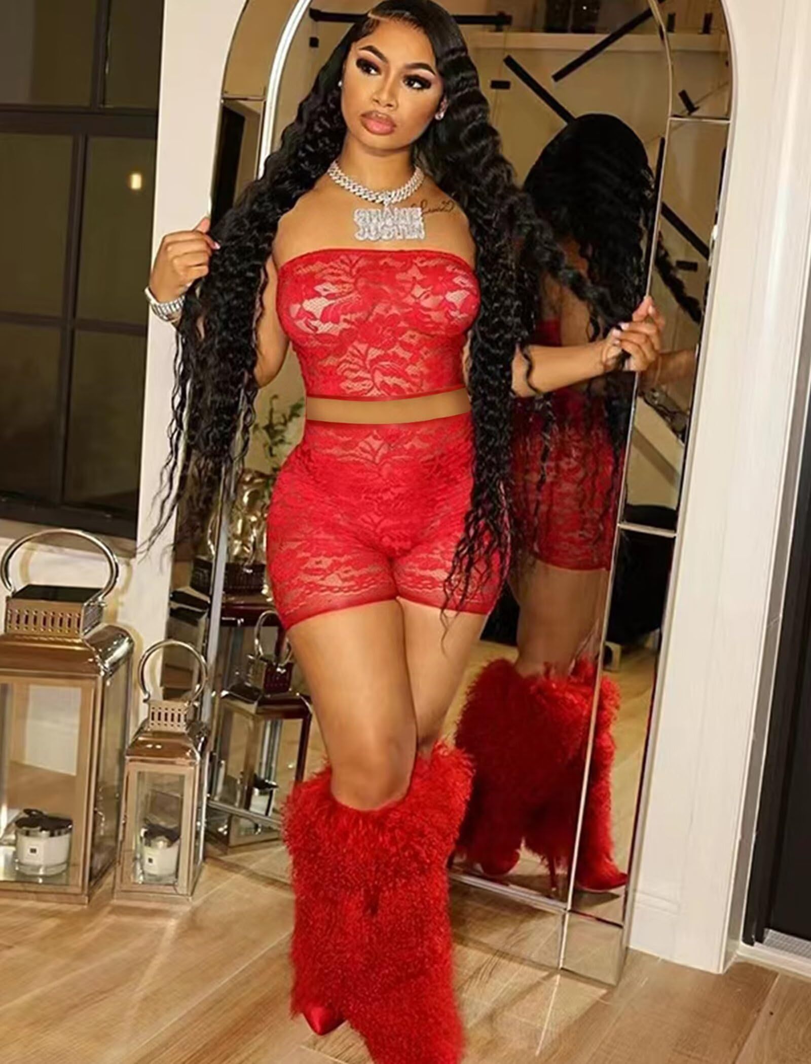 Lace Two Piece Tube Top and Bodycon Shorts