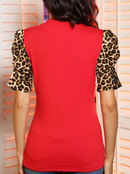 Leopard Print Patchwork Puff Sleeve Blouse