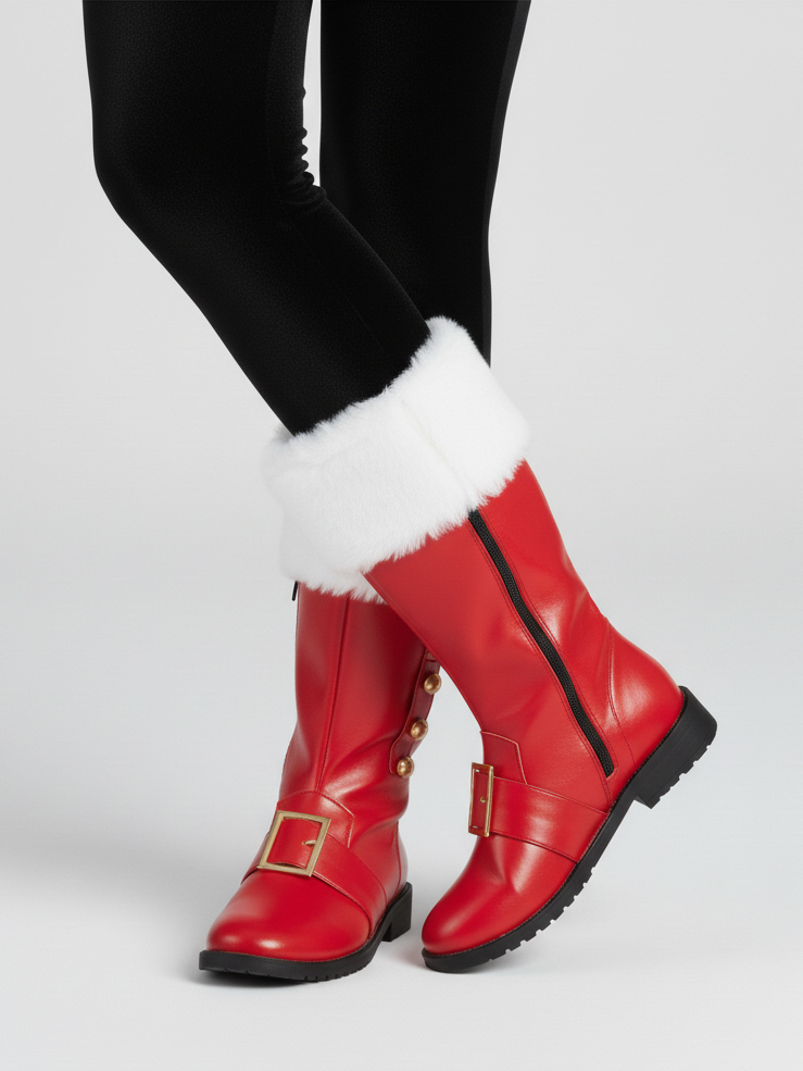 Fur Trim Buckles Bell Decor Santa Boots