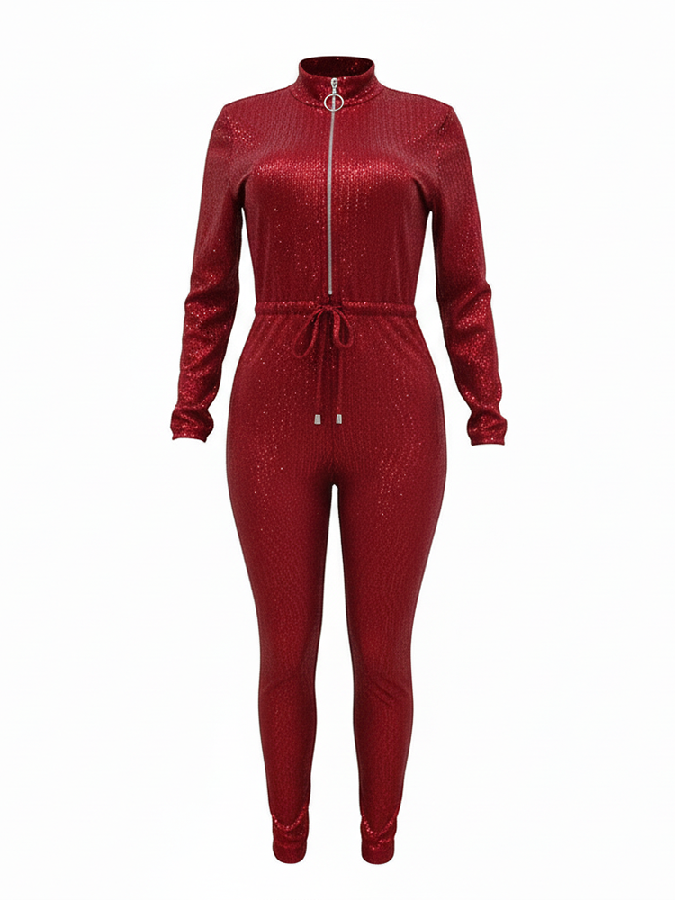 Long Sleeve Glitter Belted Jumpsuit