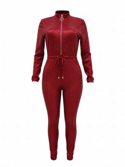Long Sleeve Glitter Belted Jumpsuit