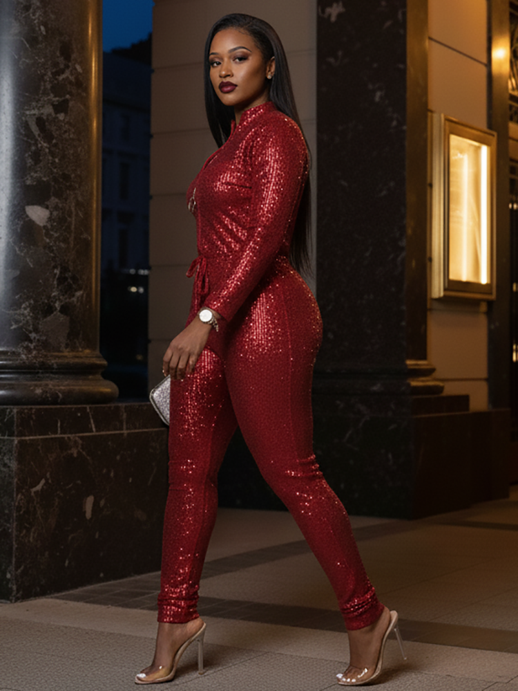Long Sleeve Glitter Belted Jumpsuit