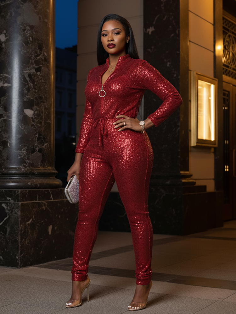 Long Sleeve Glitter Belted Jumpsuit