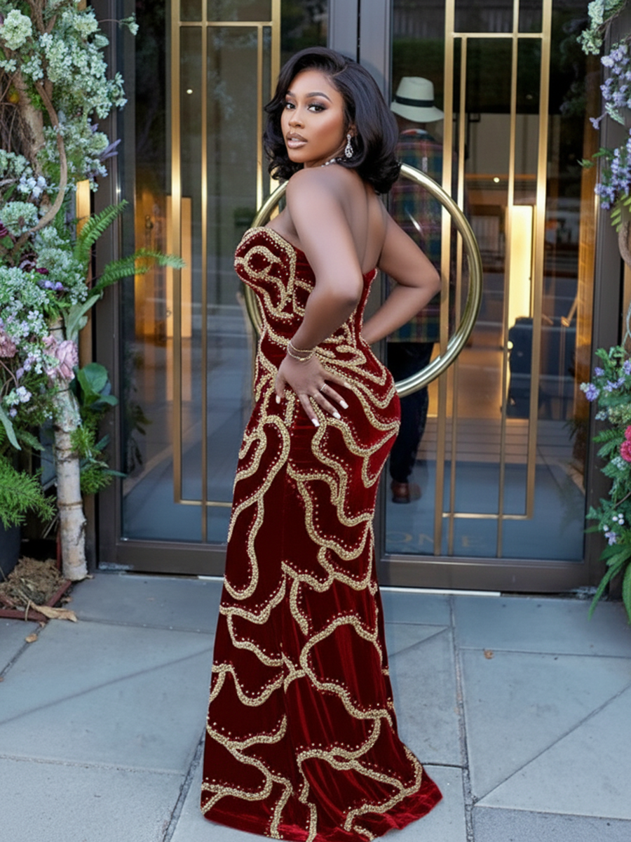 Sequins Strapless Velvet Maxi Dress