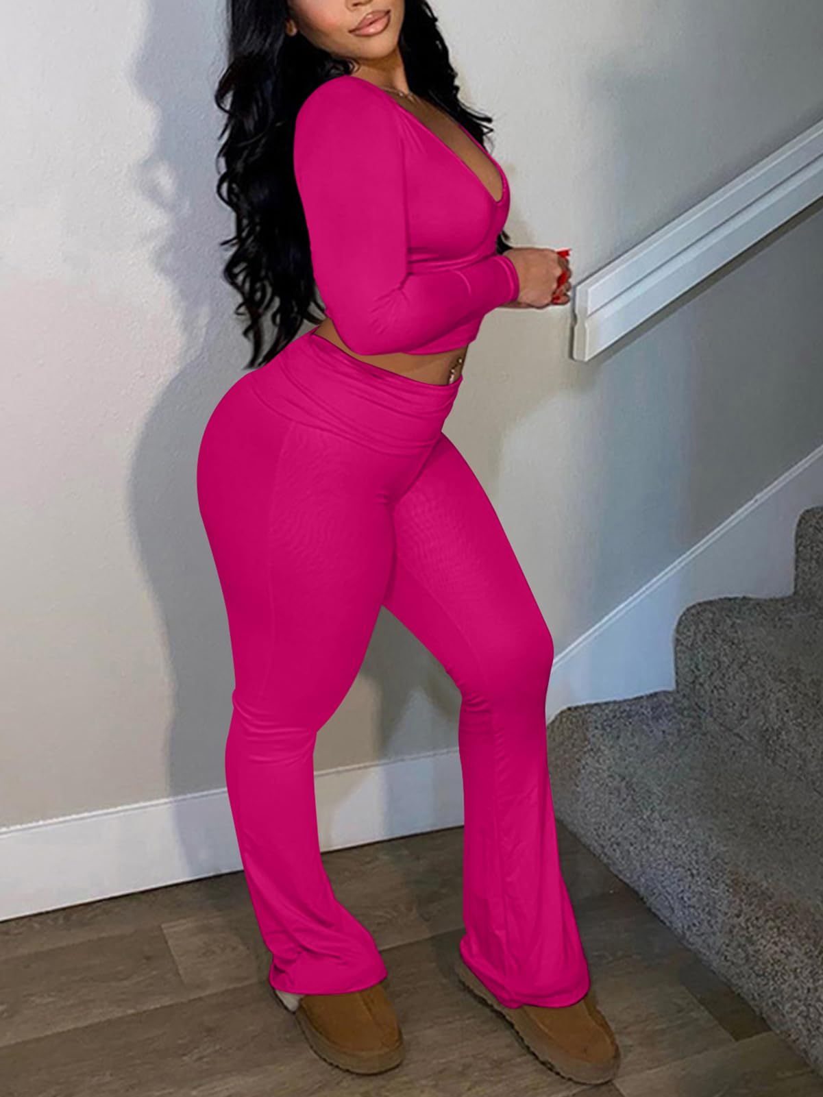 Two Piece Long Sleeve Crop Top Flare Pants Sets