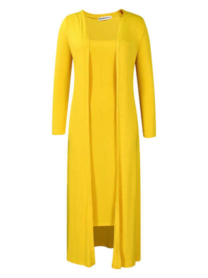 Solid Color Cardigan Midi Dress Two-Piece Set