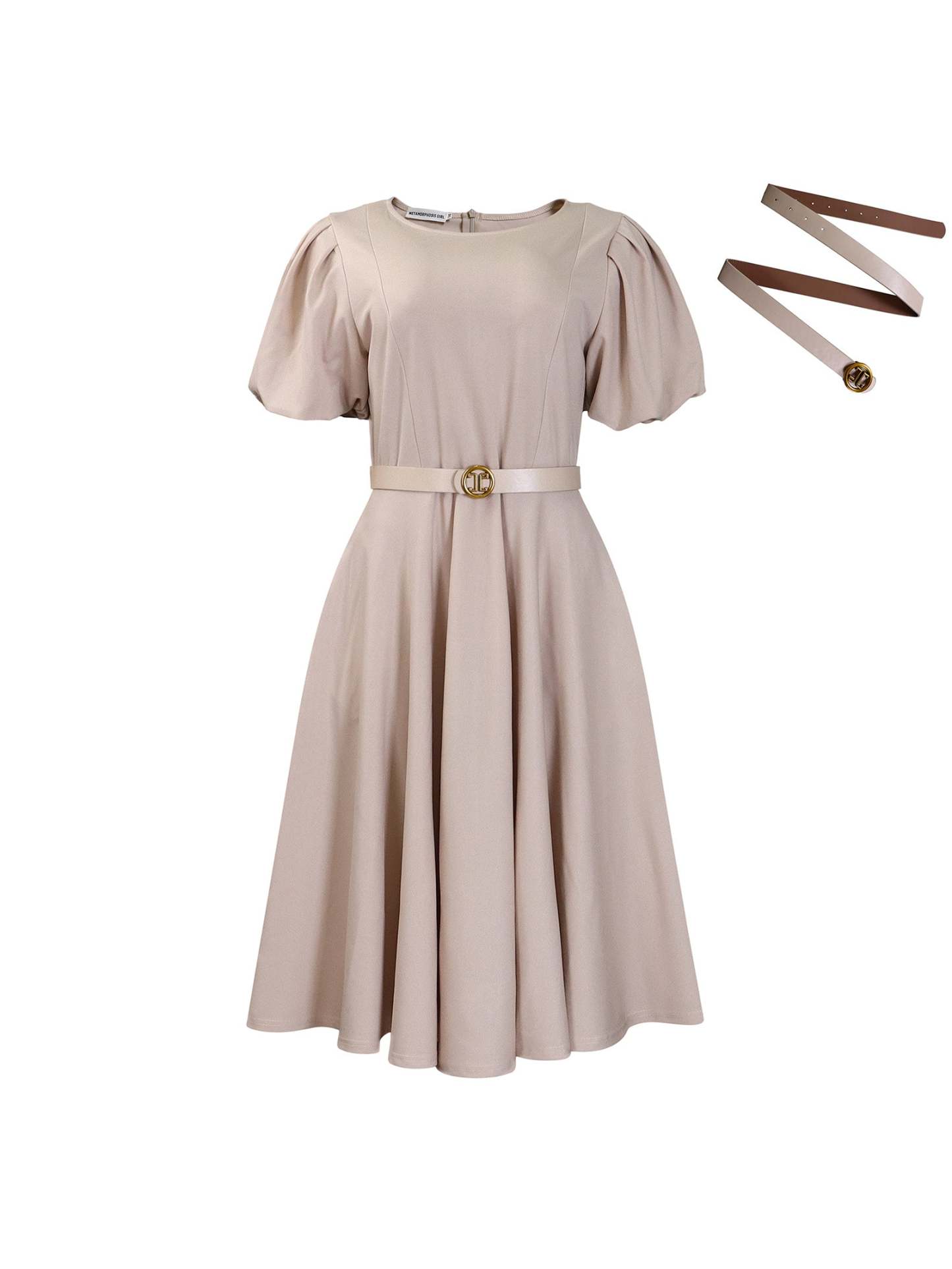 Puff Sleeve Belted A-Line Midi Dress