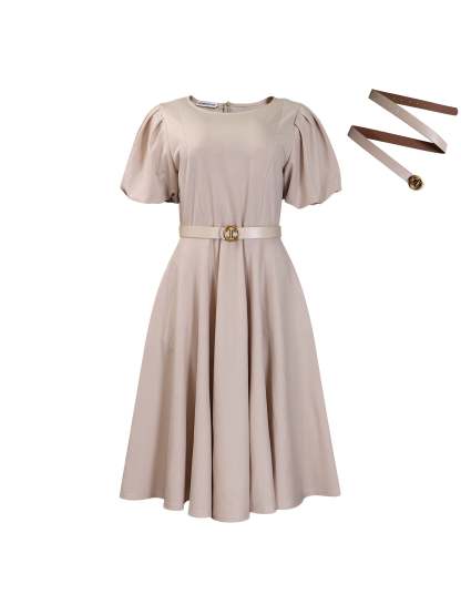 Puff Sleeve Belted A-Line Midi Dress