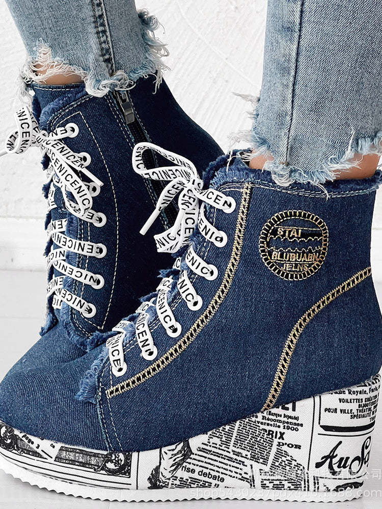Newspaper Print Wedge High-Top Canvas Sneakers