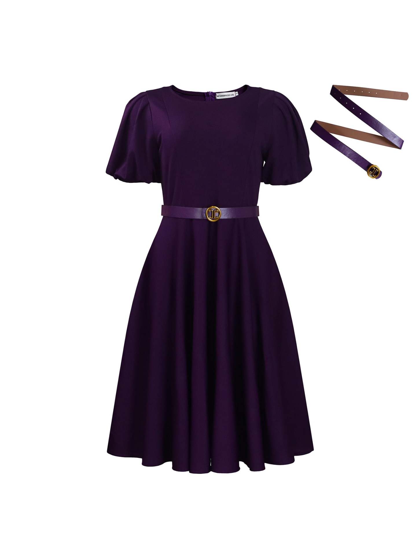 Puff Sleeve Belted A-Line Midi Dress