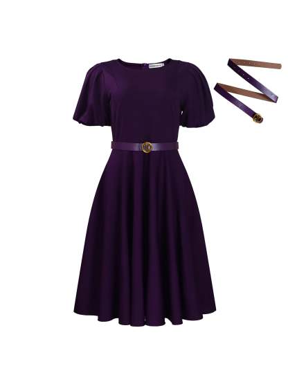 Puff Sleeve Belted A-Line Midi Dress