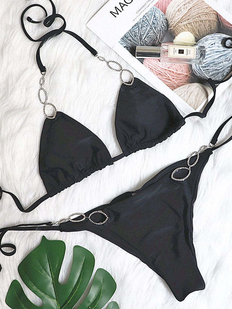 Metal Rhinestone Accented Monochrome Swimsuit Set