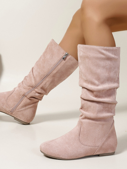 Mid-Calf Side Zipper Ruched Flat Boots