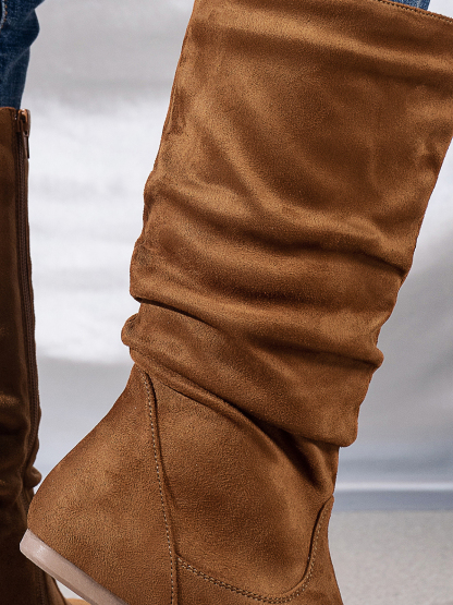Mid-Calf Side Zipper Ruched Flat Boots