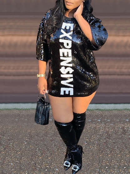 Letter Print Sequins Mesh Mini Dress