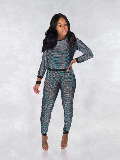 2 Piece Glitter Sequin Metallic Top Pants Set