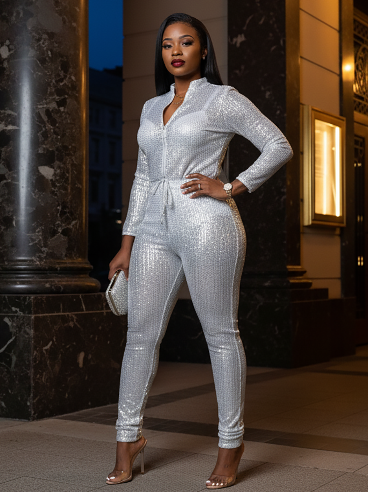 Long Sleeve Glitter Belted Jumpsuit