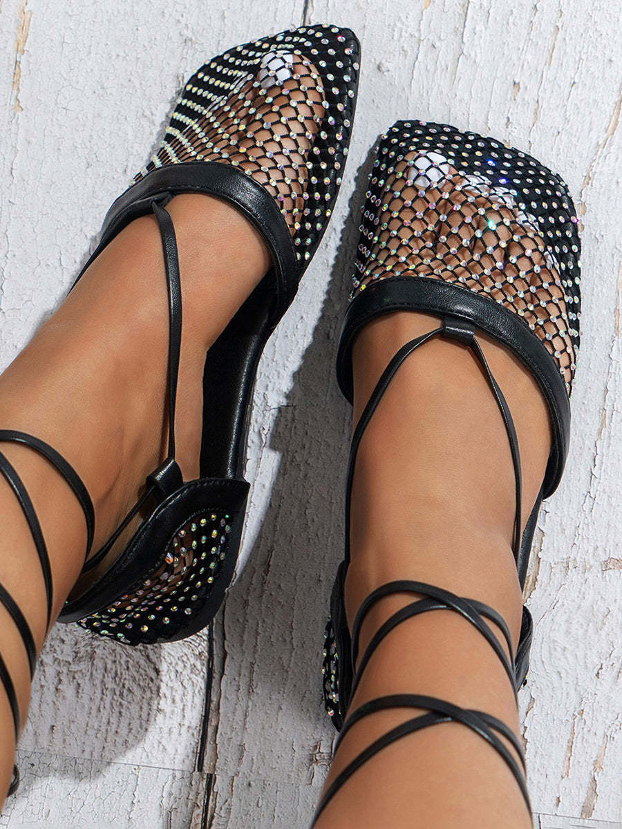 Hollow Out Rhinestone Crossed Straps Flat Sandal