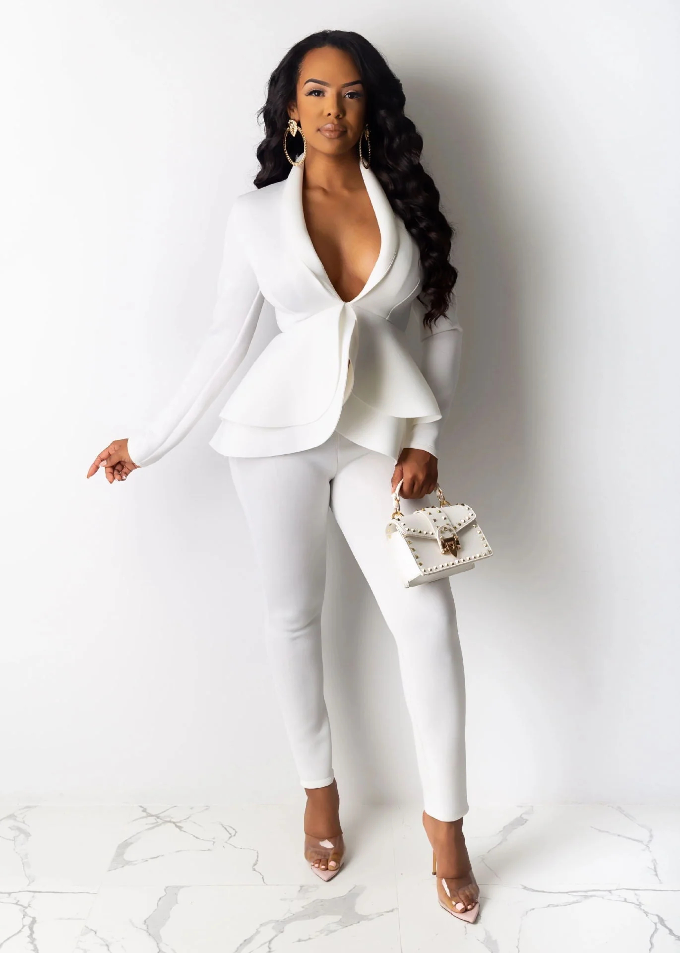 Two Piece Ruffle Blazer Bodycon Long Pants