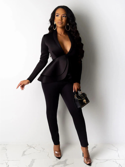 Two Piece Ruffle Blazer Bodycon Long Pants