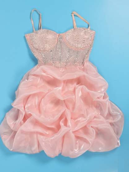 Rhinestone Spaghetti Strap Tulle Layered Dress