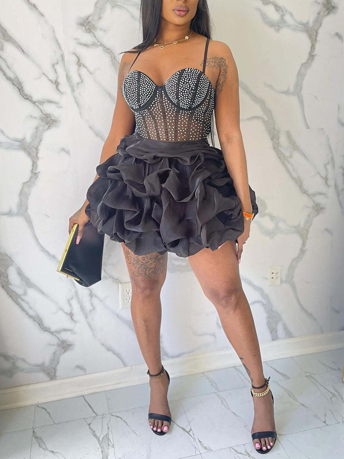 Rhinestone Spaghetti Strap Layered Tulle Dress | Wedding Party Dress