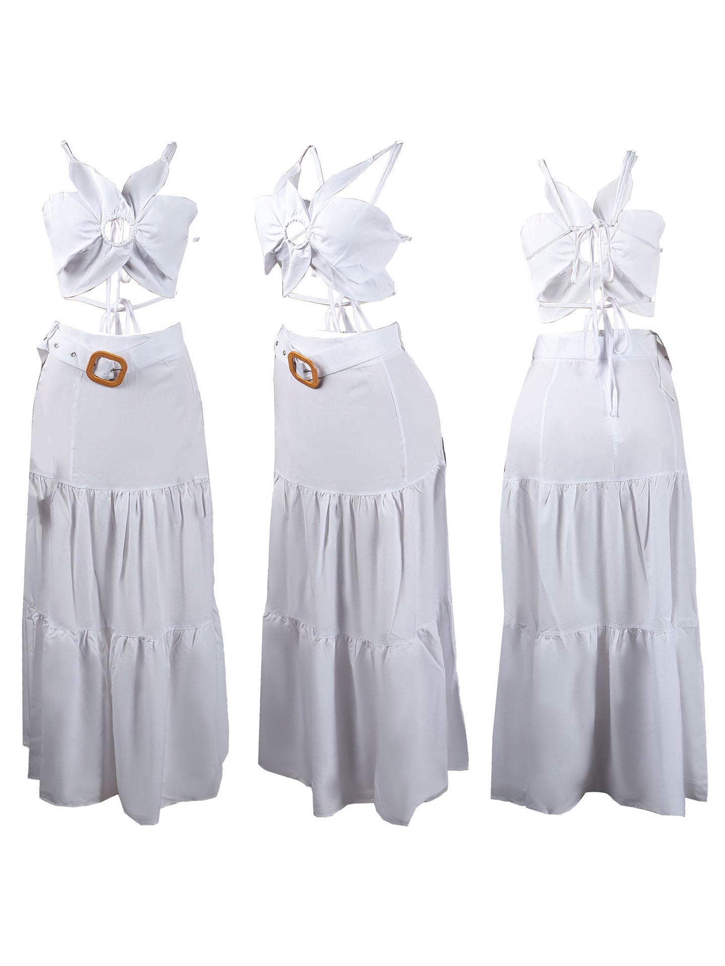 Two-Piece Petal Strap Top Belted Flared Skirt Set