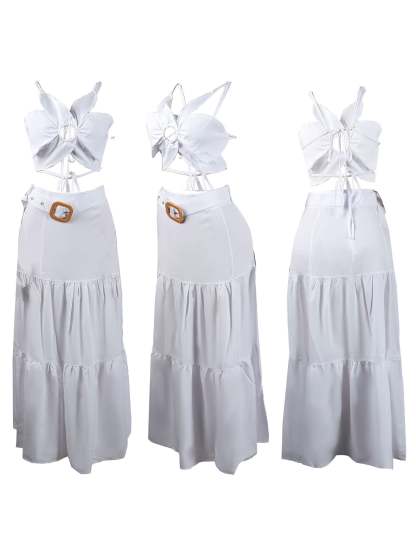 Two-Piece Petal Strap Top Belted Flared Skirt Set