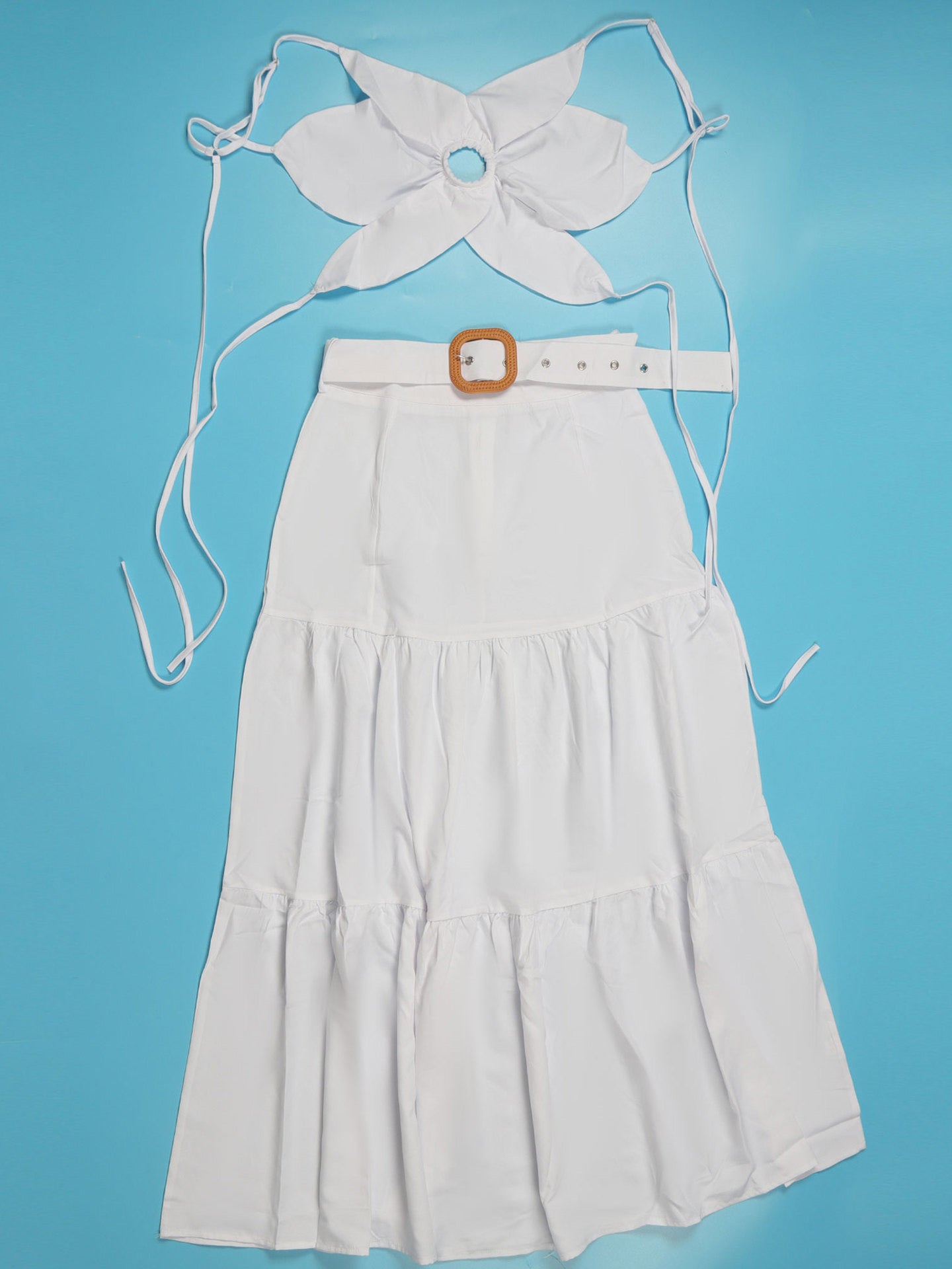Two-Piece Petal Strap Top Belted Flared Skirt Set