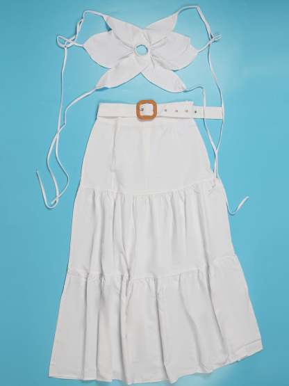 Two-Piece Petal Strap Top Belted Flared Skirt Set